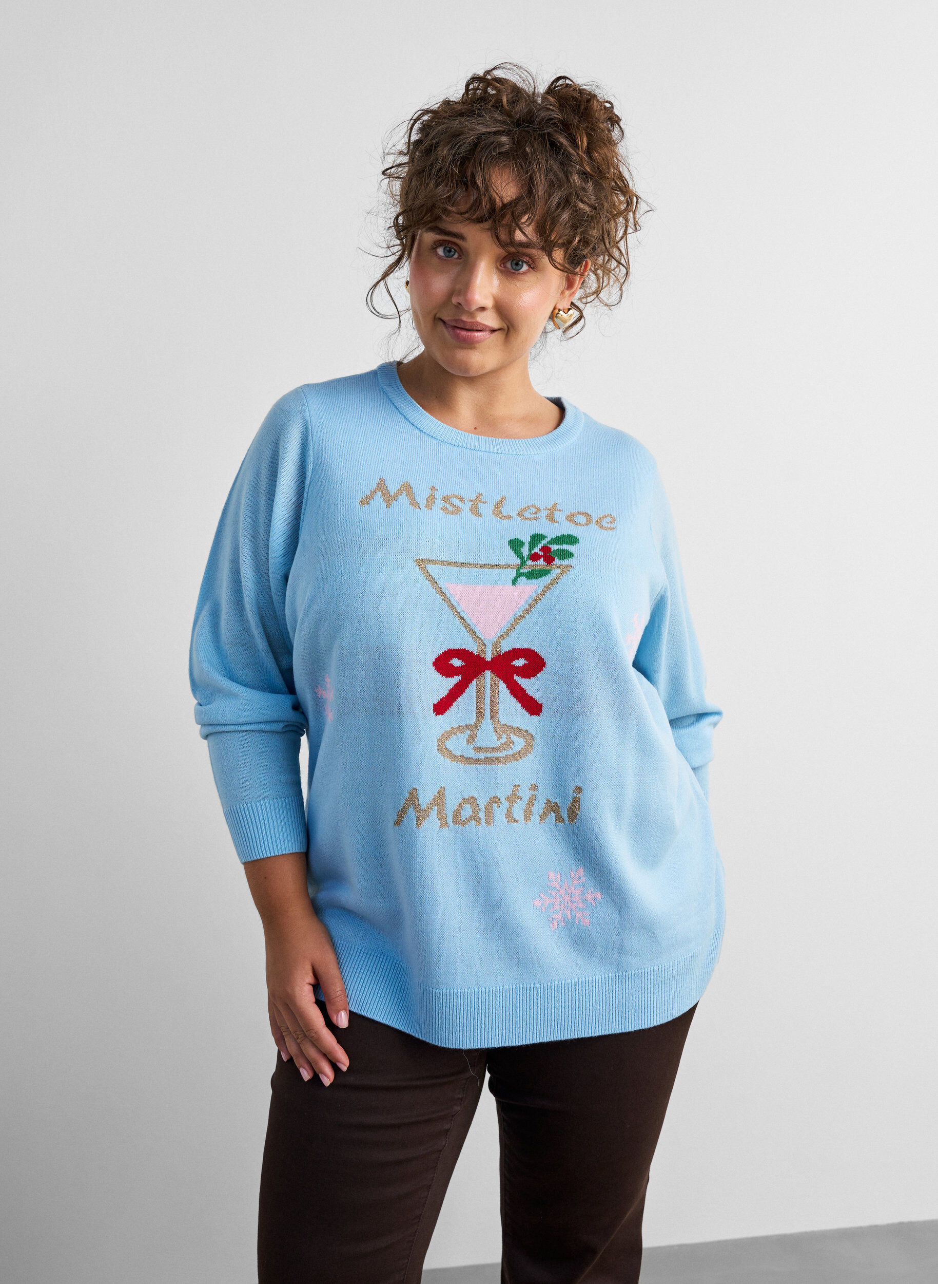 Blouse en maille avec motif de No&euml;l, Bleu Clair, Model