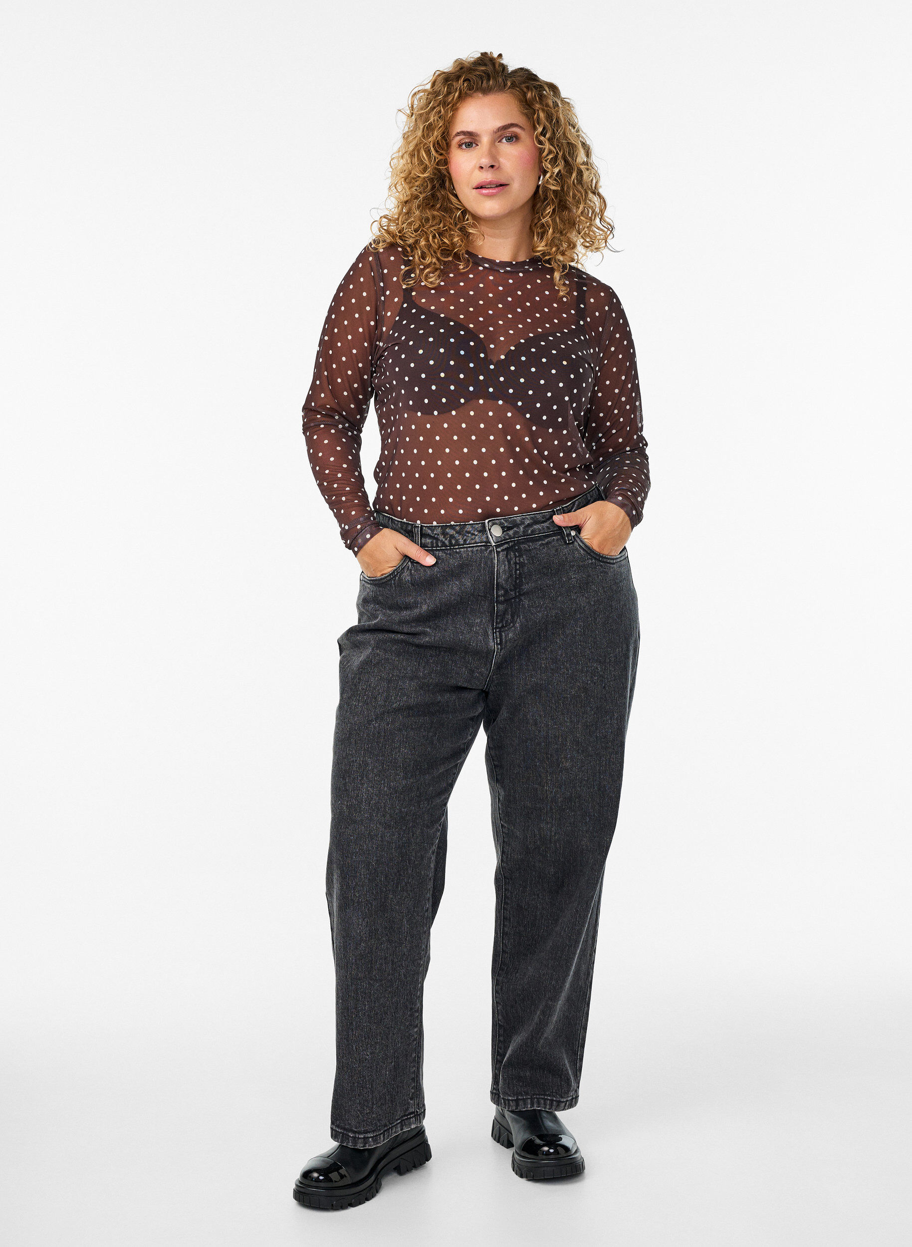 ZizziBlouse en maille &agrave; pois, Marron, Model image number 1