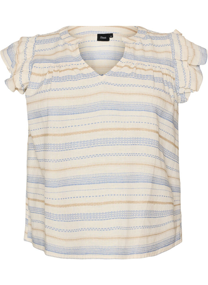 Blouse sans manches avec volants et rayures &agrave; motifs, Vanille, Packshot image number 0