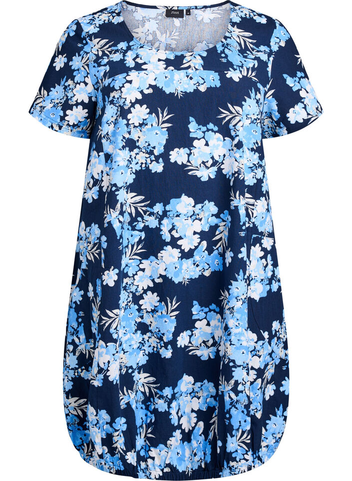 Katoenen jurk met korte mouwen en print, Blauw, Packshot image number 0