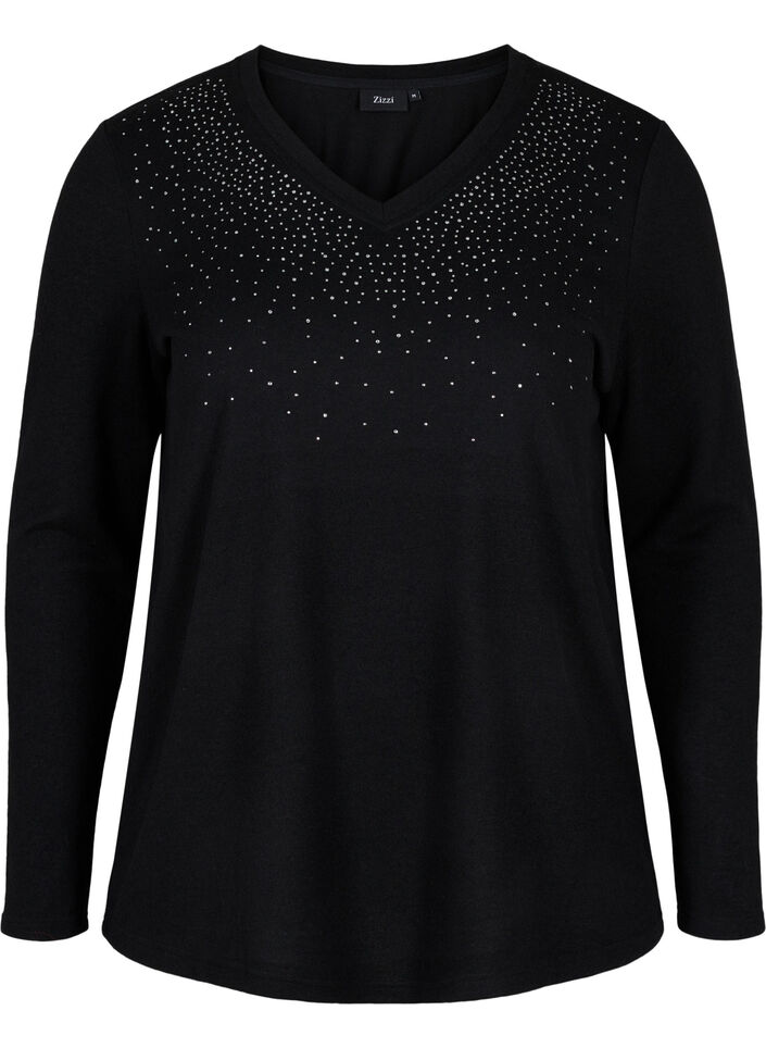 Blouse met similisteen en lange mouwen, Black, Packshot image number 0