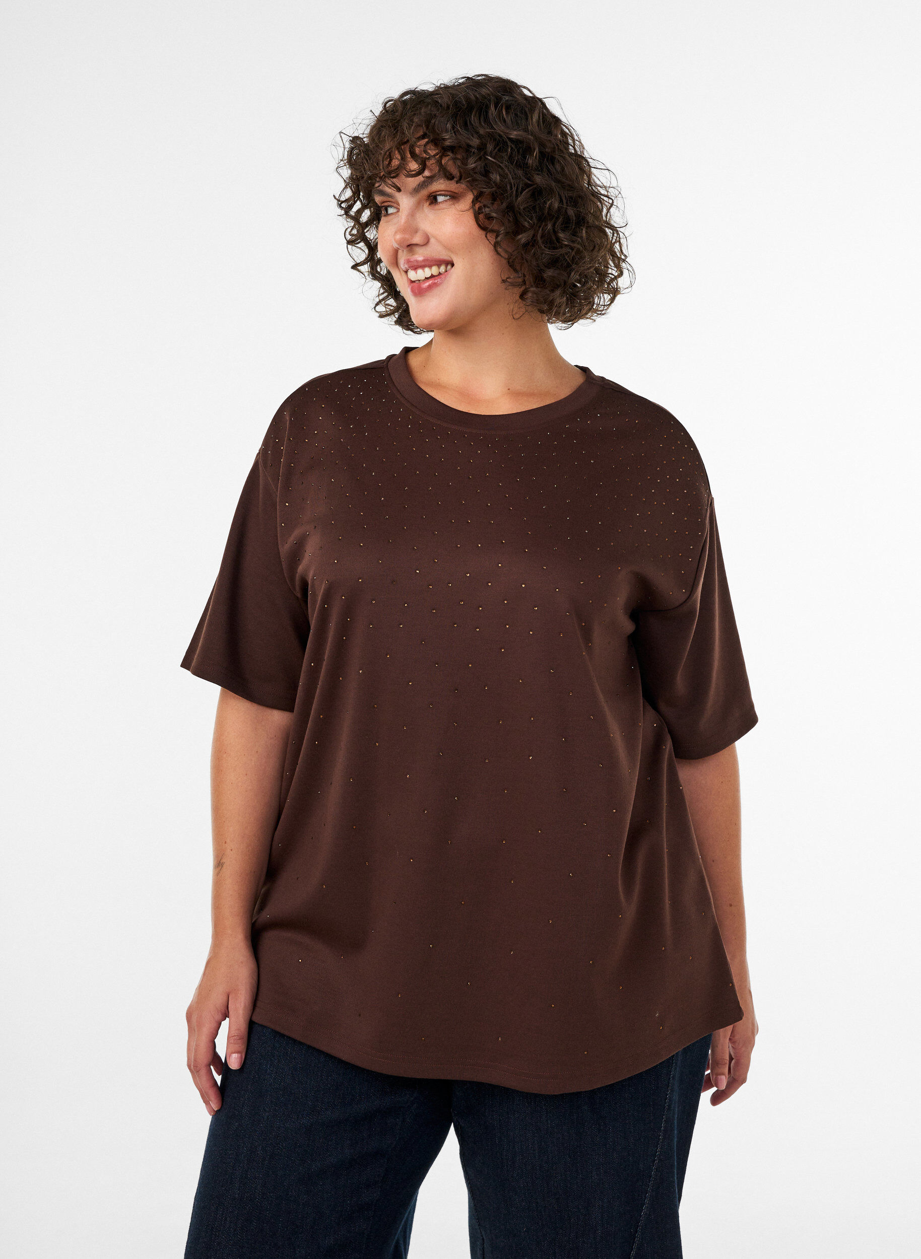 T-shirt met strass-steentjes en ronde hals, Bruin, Model