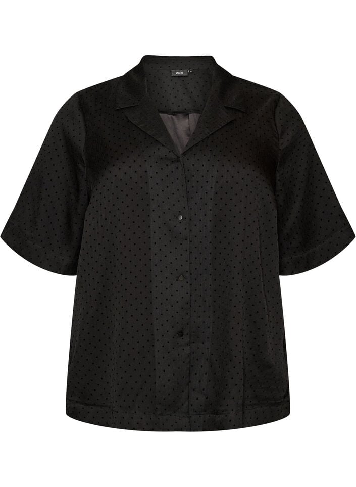 Polkadot blouse met revers, Zwart, Packshot