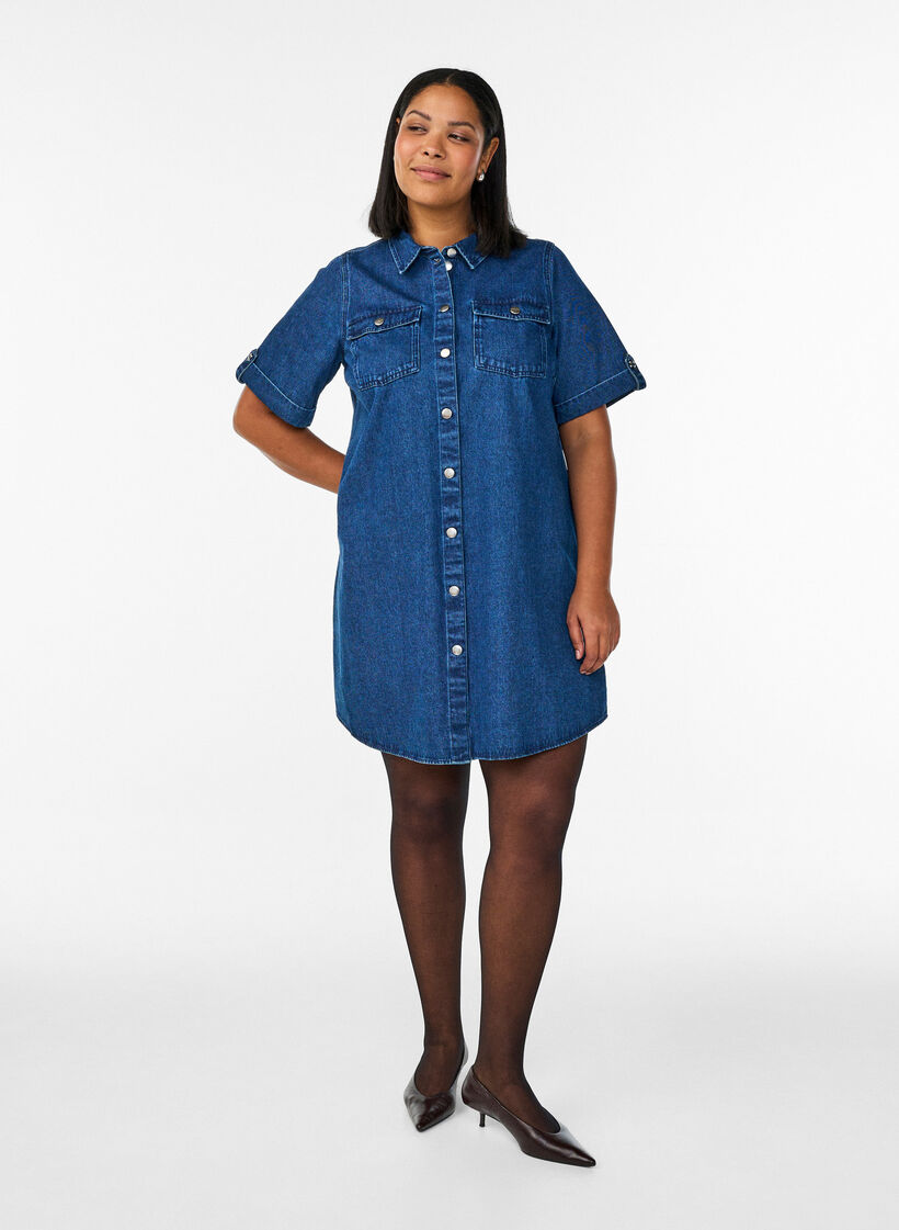 Robe en denim avec manches courtes et boutons, Bleu, Model image number 1