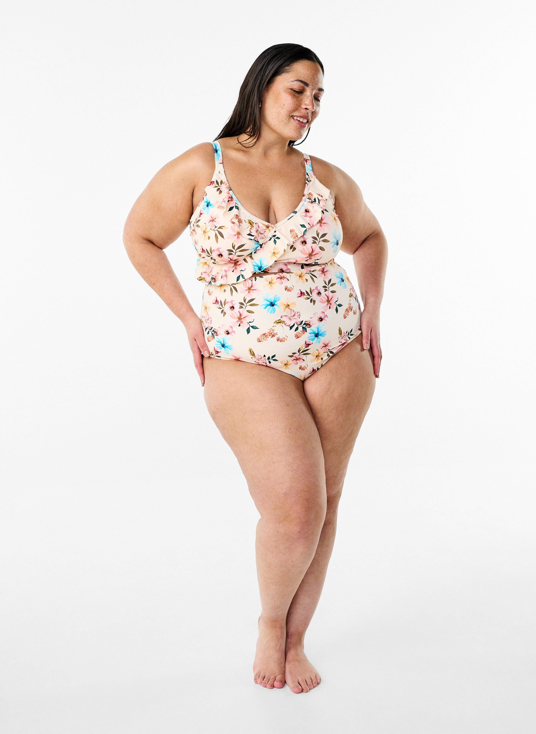ZizziExtra high-waisted bikinibroekje met bloemenprint, Beige, Model image number 1