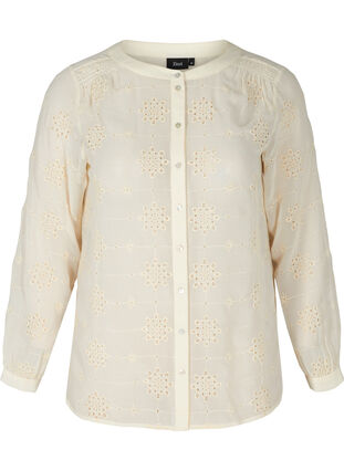 Blouse with buttons and broderie anglaise, Beige as sample, Packshot image number 0