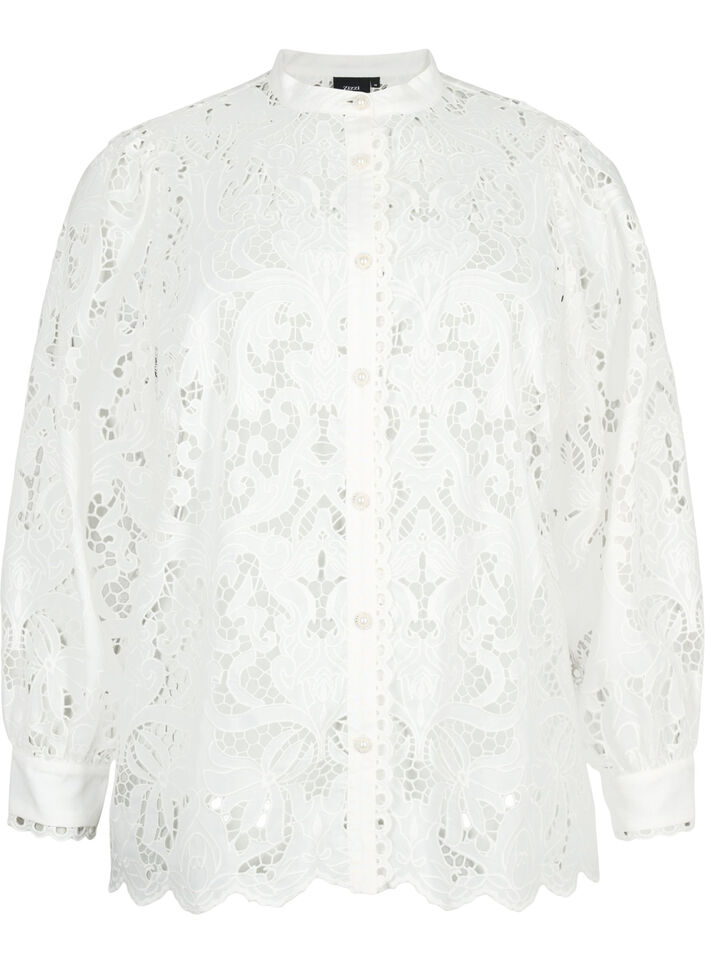 Blouse façon chemise à manches longues en dentelle, White, Packshot image number 0