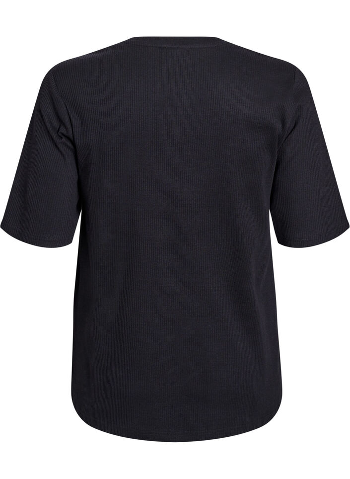 Geribde jersey blouse met korte mouwen, Zwart, Packshot image number 1