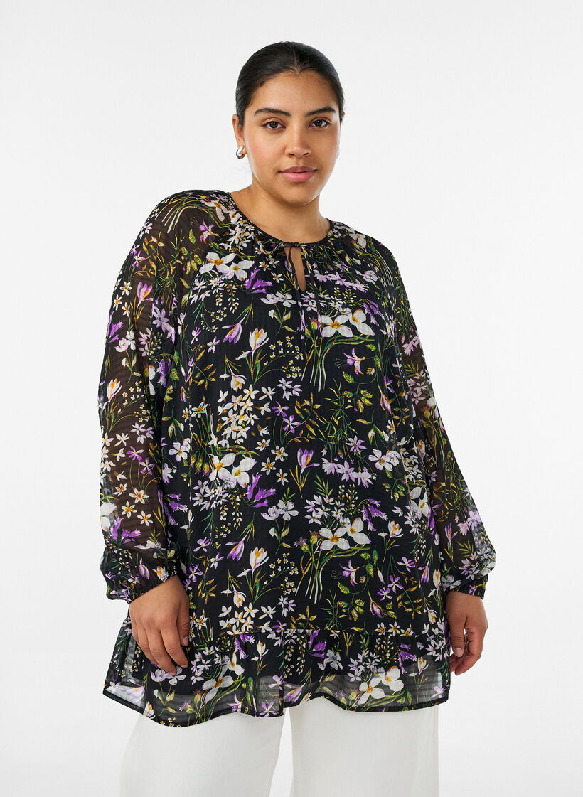 A-lijn tuniek met bloemenprint, Zwart, Model image number 0
