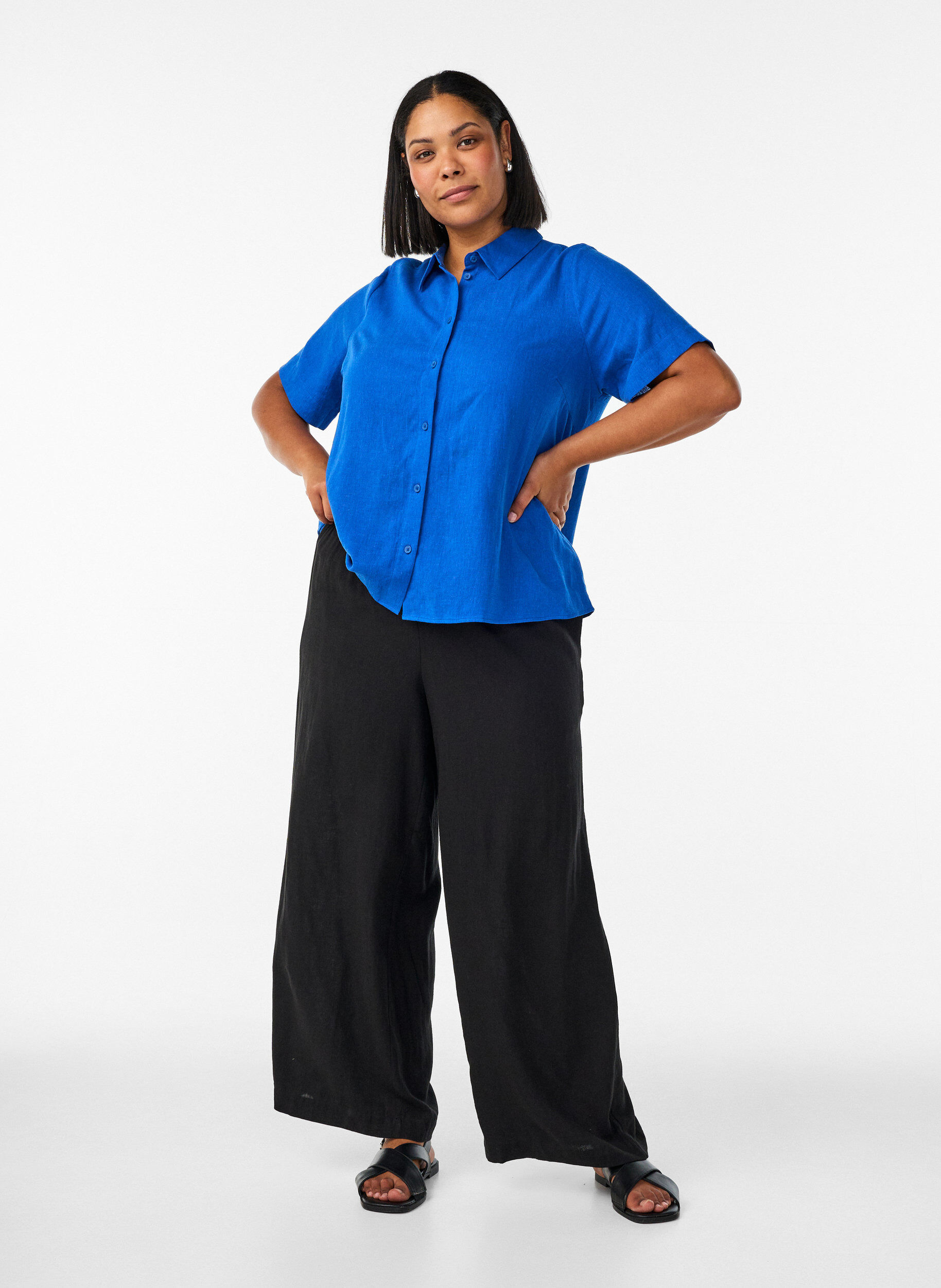 ZizziShirt met korte mouwen in linnen en viscose, Blauw, Model image number 1