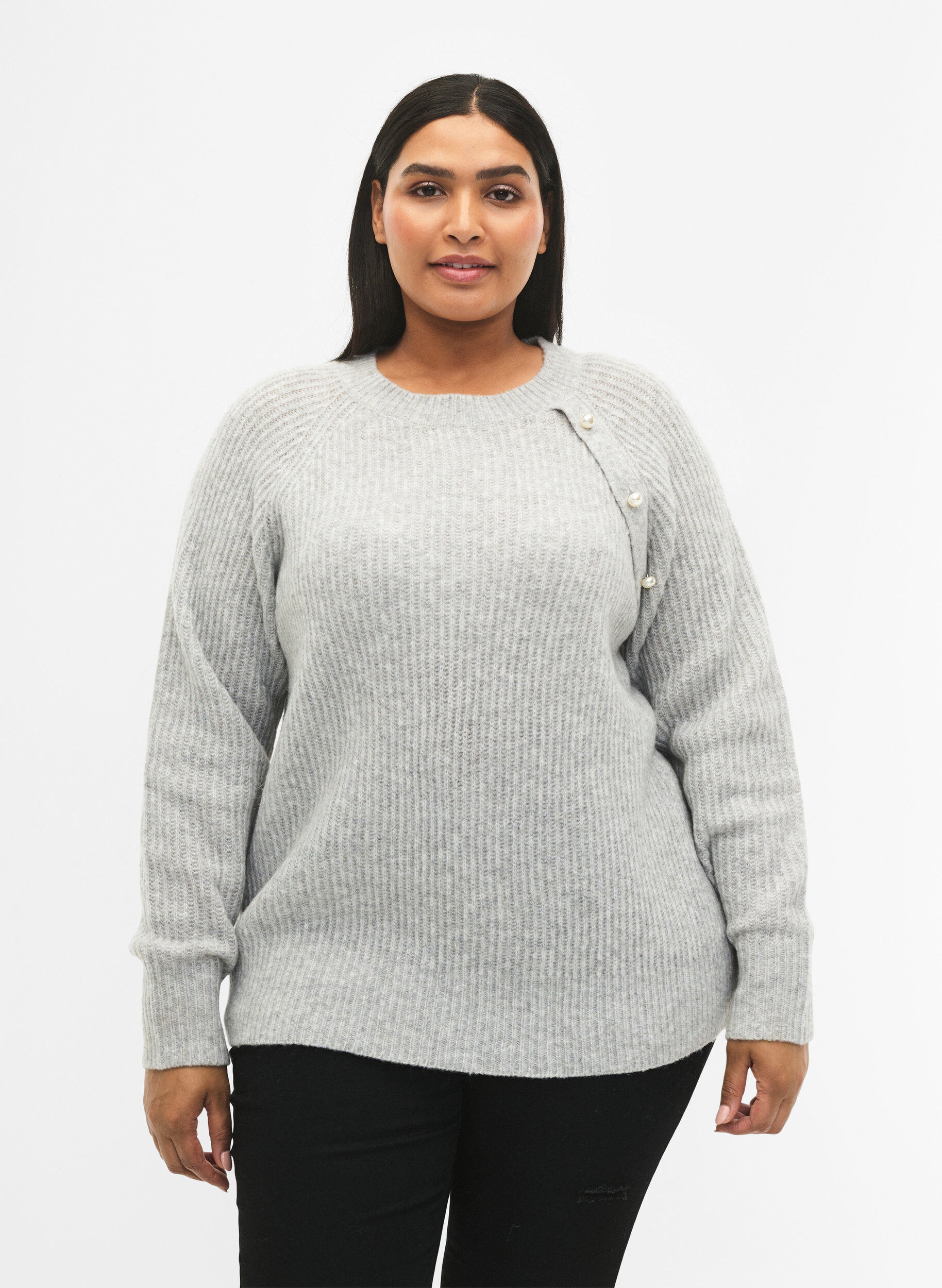 ZizziGem&ecirc;leerde pullover met parelknopen, Light Grey Melange, Model image number 0