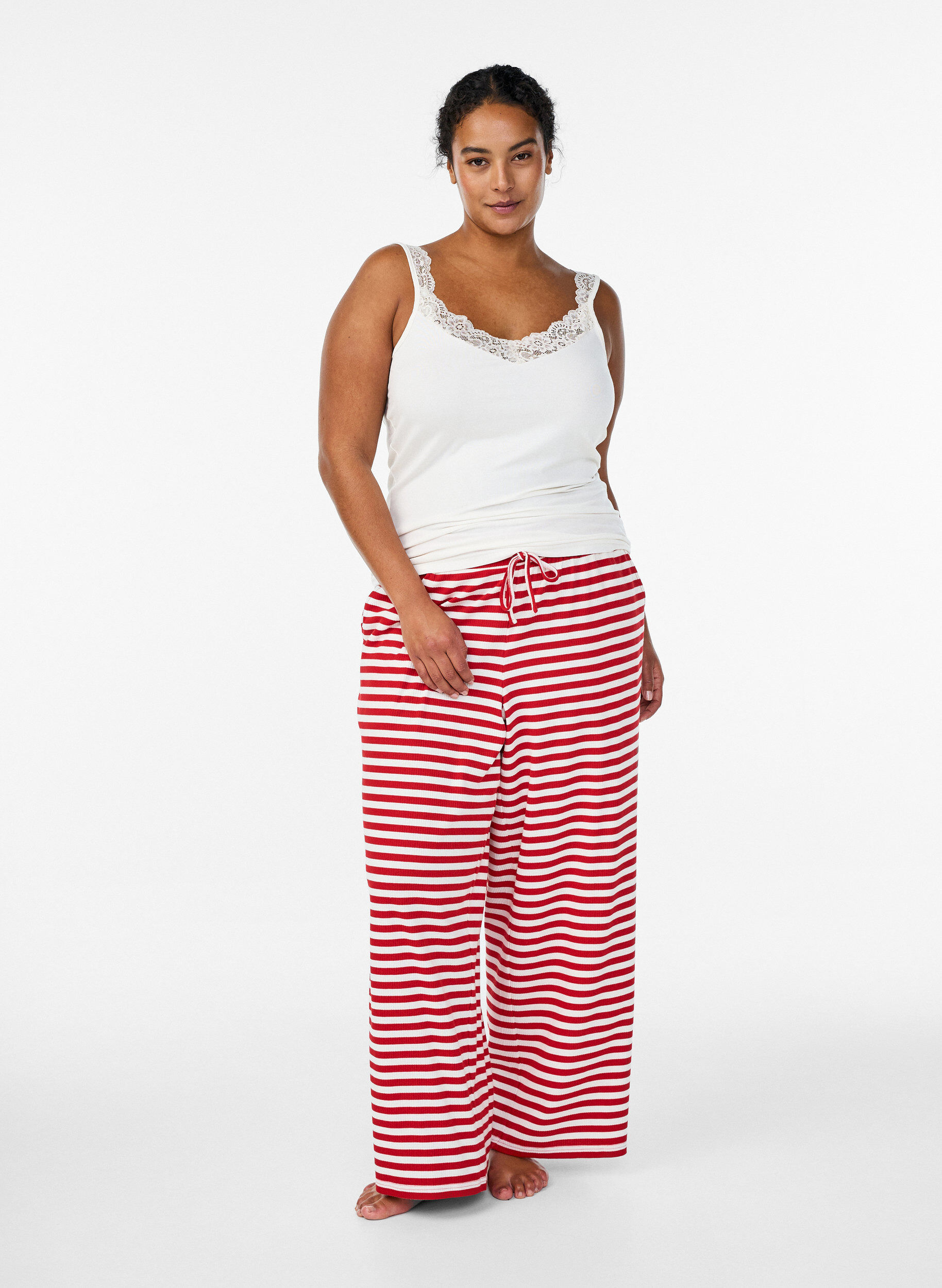 Gestreepte pyjamabroek met een high waist en wijde pijpen, Rood, Model