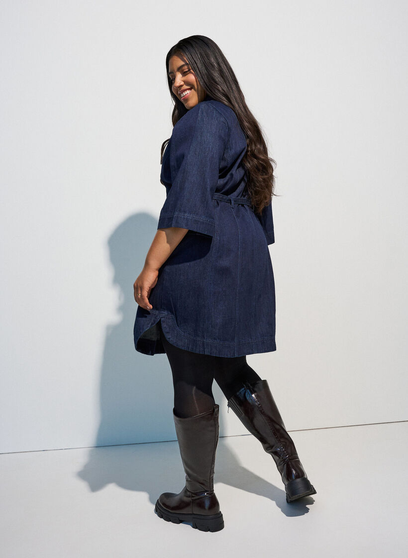 Denimjurk met riem en 3/4-mouwen, Blauw, Model image number 2
