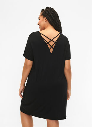 Viscose jurk met rugdetail en korte mouwen, Black, Model image number 1