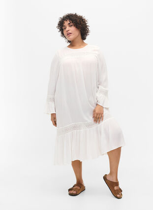 robe en viscose avec détails en dentelle, Off White, Model image number 2