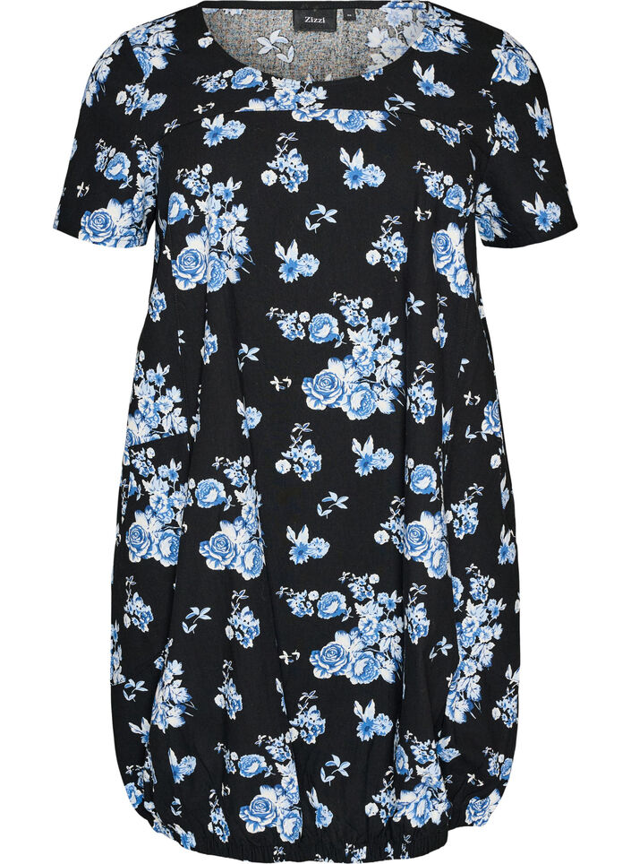 Katoenen jurk met korte mouwen en print, Zwart, Packshot image number 0