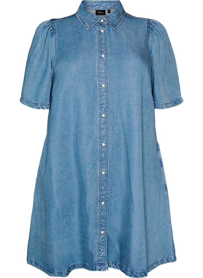 Denim jurk van lyocell met knopen en korte mouwen, Blauw, Packshot image number 0