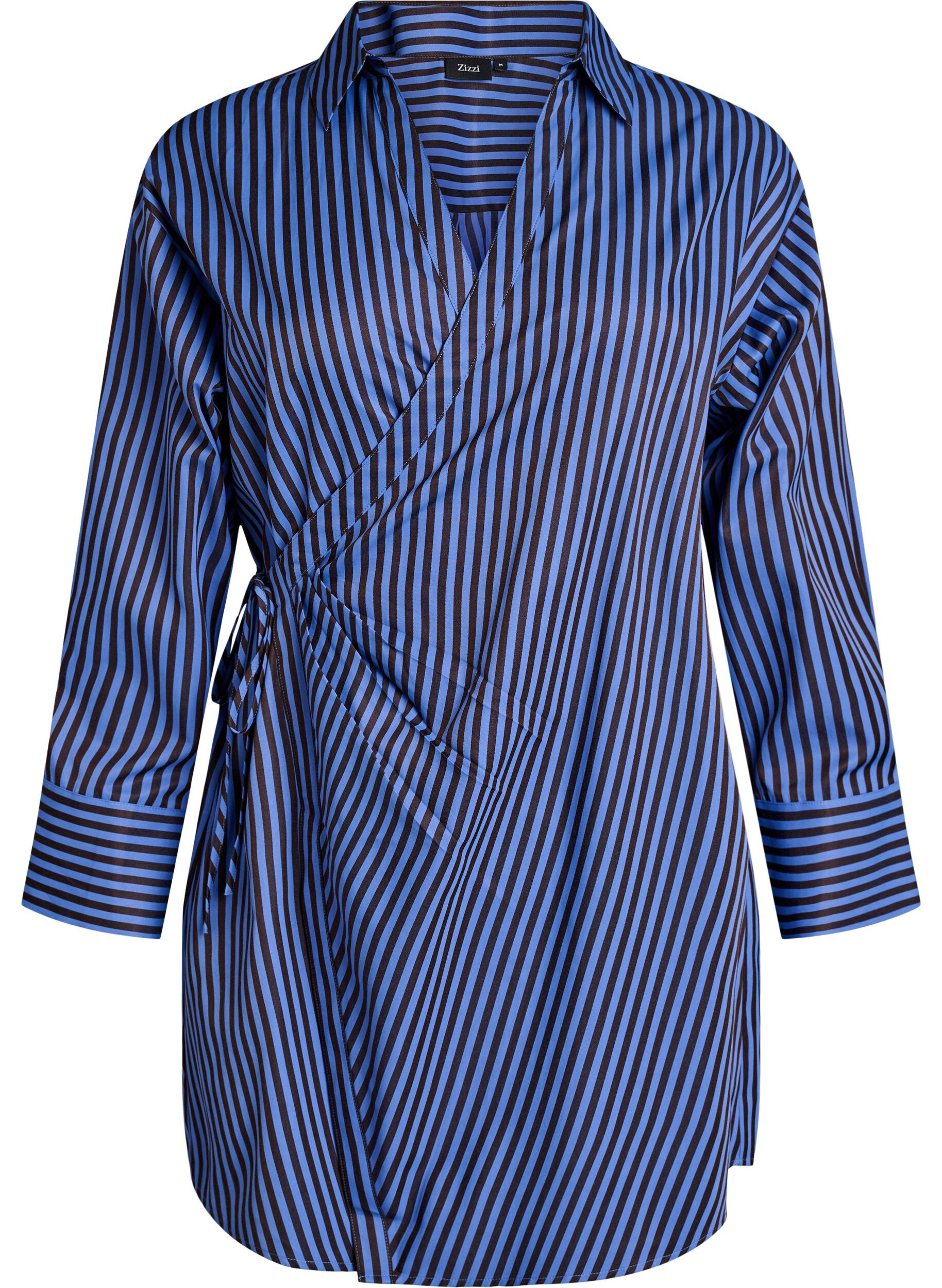 ZizziGestreept shirt met wikkel-effect en een strikceintuur, Blauw, Packshot image number 0