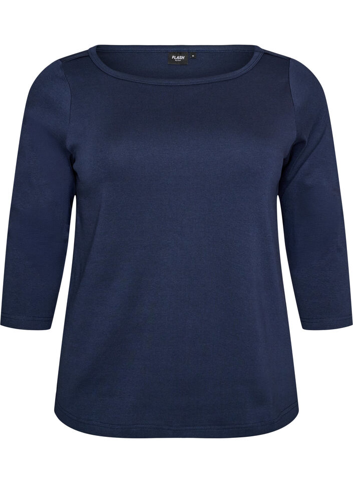 T-shirt basic &agrave; col bateau et manches 3/4, Bleu, Packshot image number 0