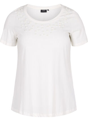 T-shirt en coton avec perles, Warm Off-white, Packshot image number 0