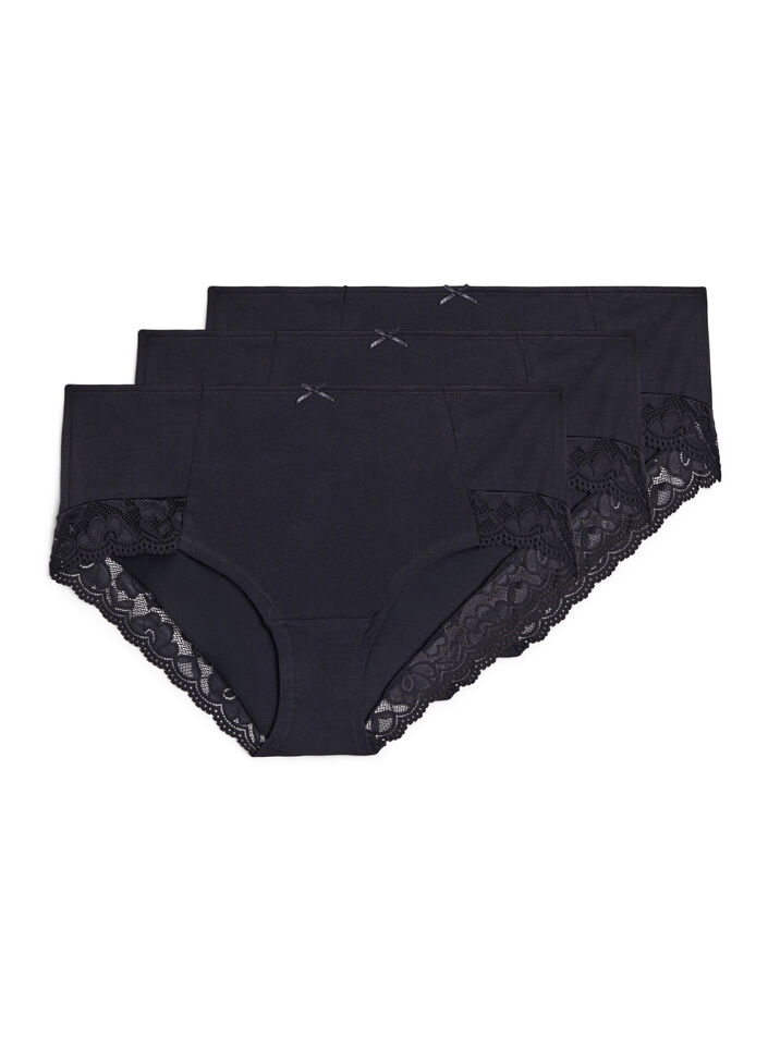 Lot de 3 culottes taille haute avec bordure en dentelle, Noir, Packshot image number 0