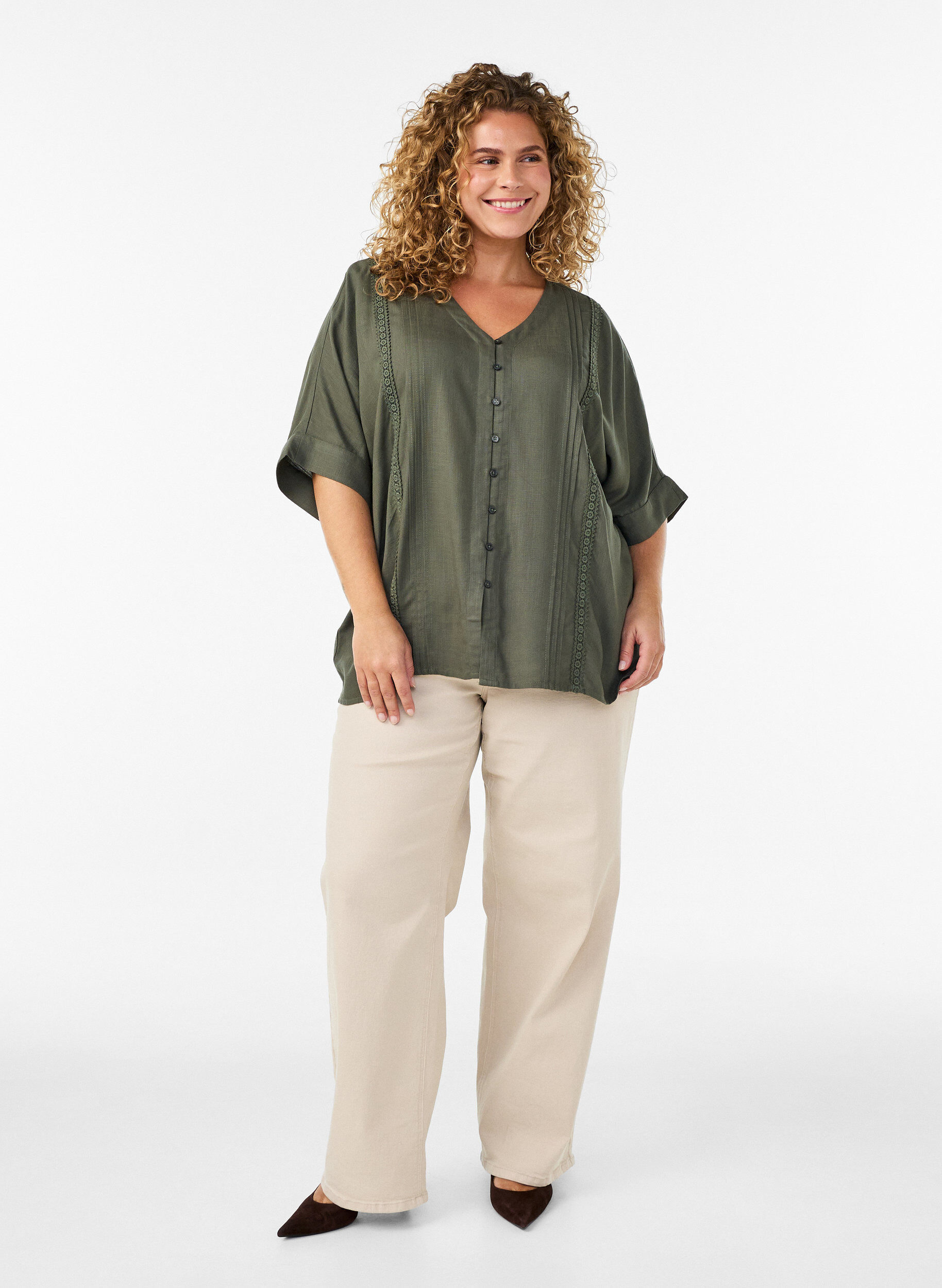 ZizziBlouse en viscose avec bordure crochet et boutons, Vert, Model image number 1