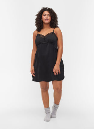 Pyjama jurk met kant en split, Black, Model image number 2