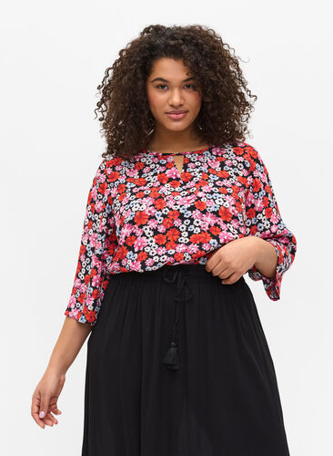 Blouse fleurie avec manches 3/4, Red Flower AOP, Model image number 0