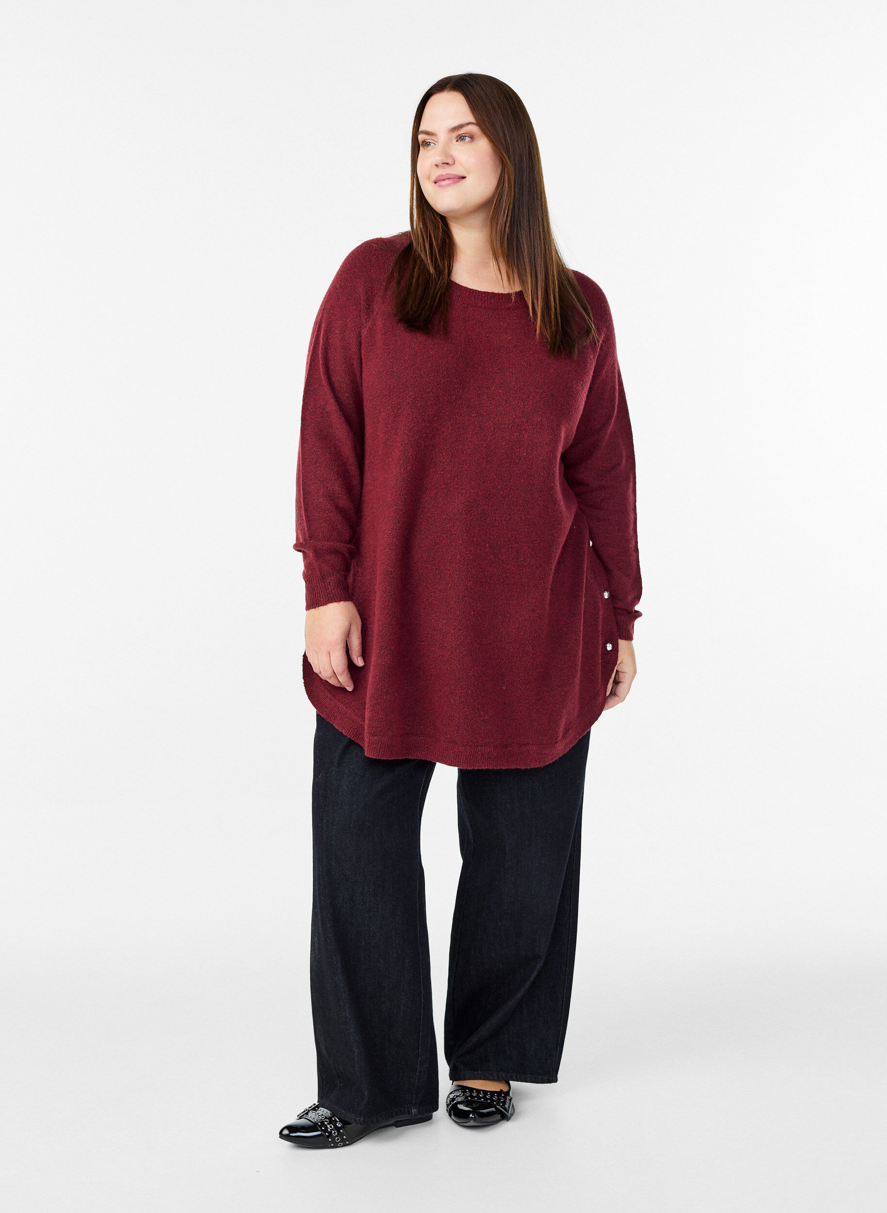 ZizziLange gebreide blouse met balknopen, Donker Bordeaux, Model image number 1
