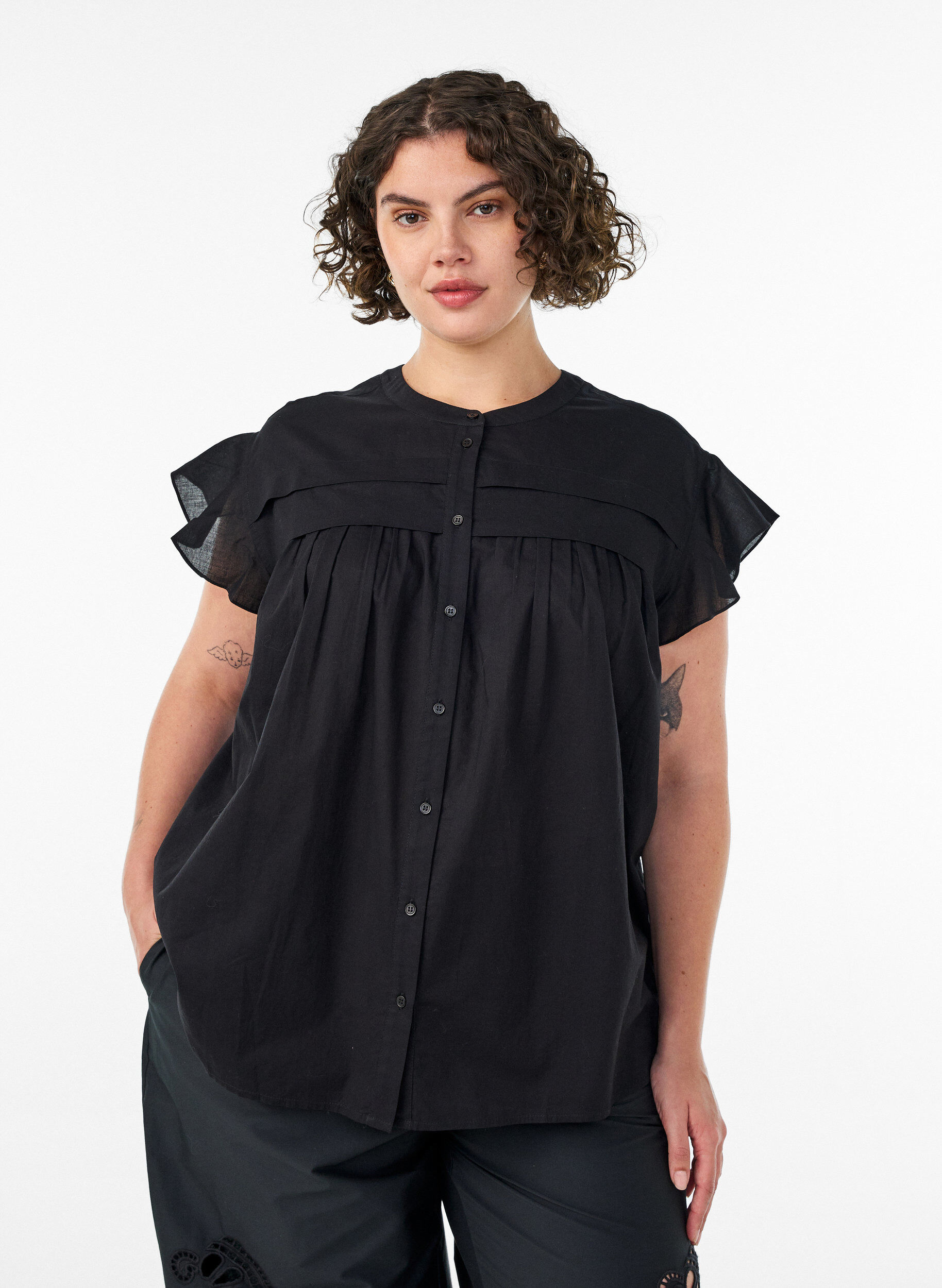 ZizziMouwloze A-lijn katoenen blouseshirt, Zwart, Model image number 0