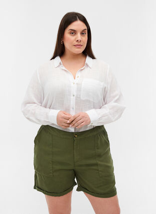 Short ample en lyocell avec poches, Kaki Green, Model image number 0