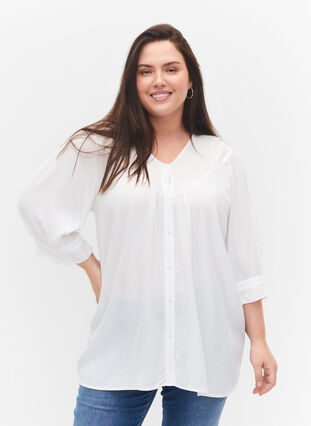 Viscose blouse met 3/4 mouwen en ruches, Bright White, Model image number 0