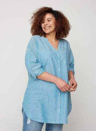 Gestreepte blouse in 100% katoen, Blue Stripe, Model image number 0