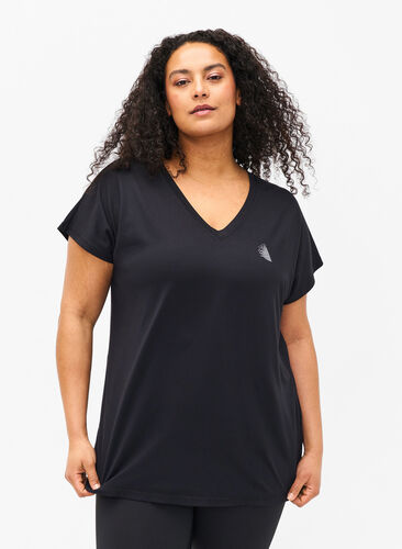 T-shirt de sport ample avec col en V, Black, Model image number 0