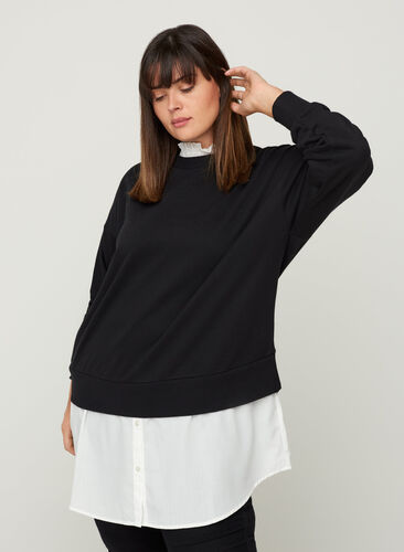 Sweatshirt met vastgenaaid overhemd, Black, Model image number 0