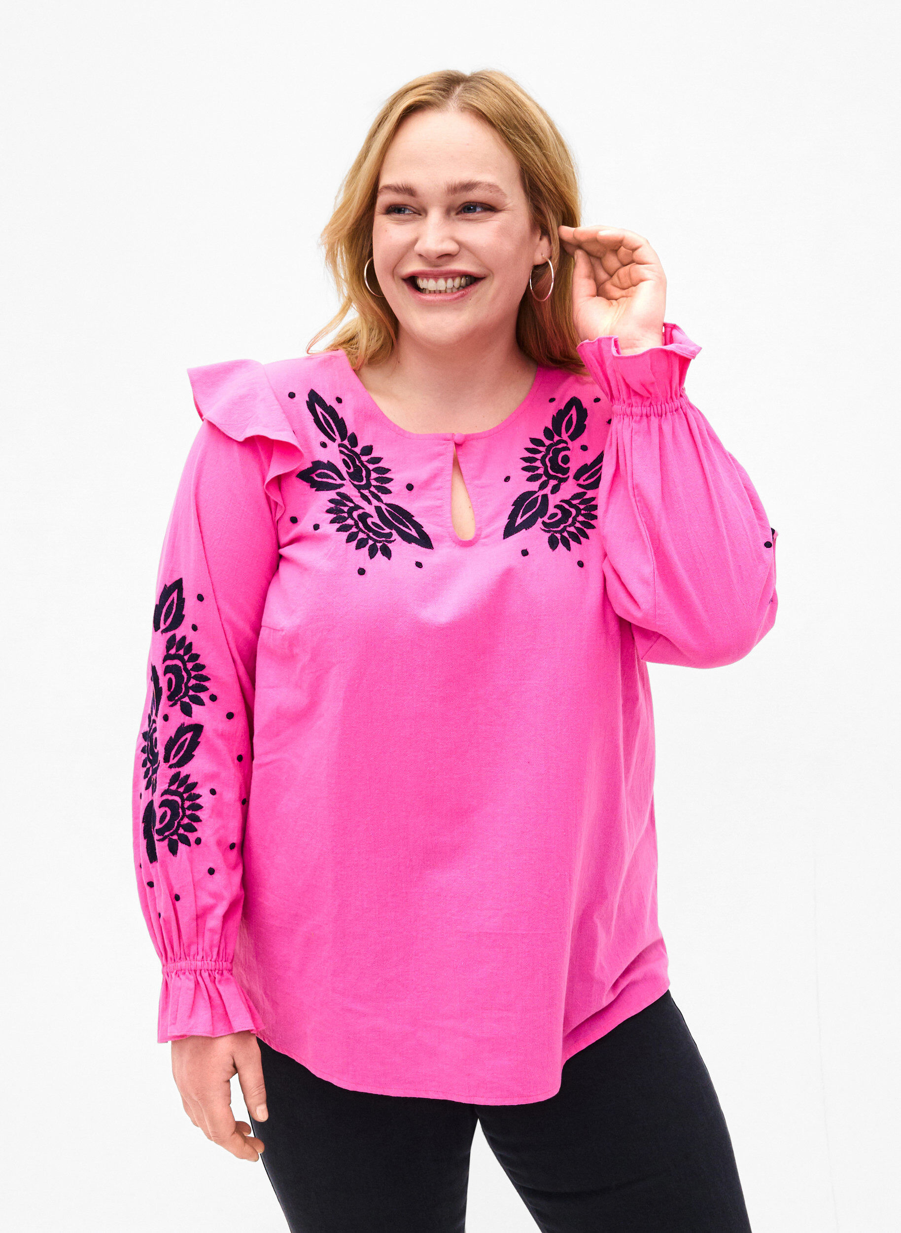 Katoenen blouse met borduursel en ruches, Roze, Model