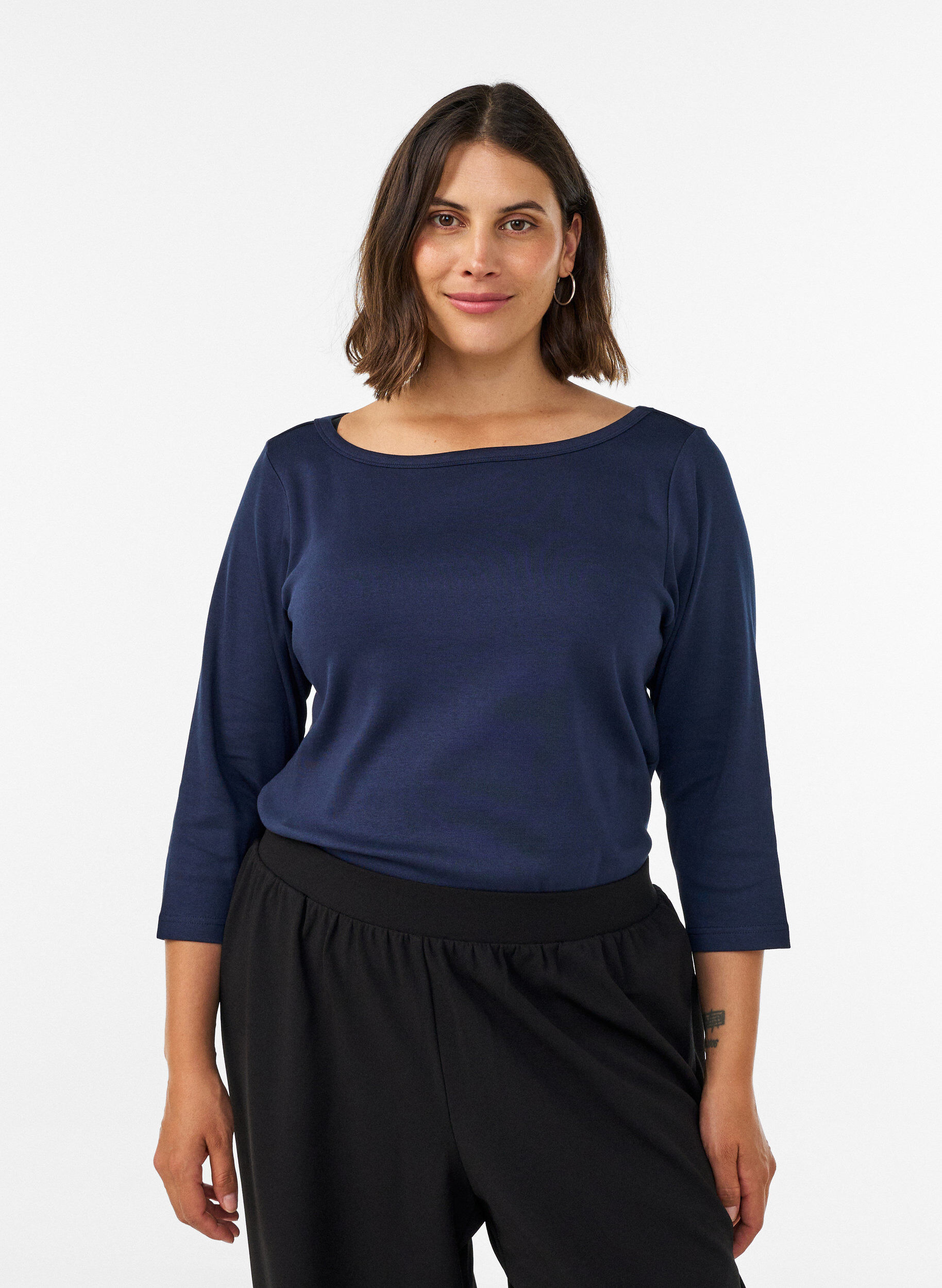 ZizziT-shirt basic &agrave; col bateau et manches 3/4, Bleu, Model image number 0