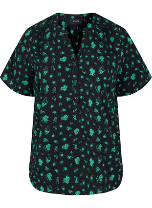 Chemise à manches courtes et col en V, Green Flower AOP, Packshot image number 0