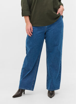Straight jeans met hoge taille, Blue denim, Model image number 2