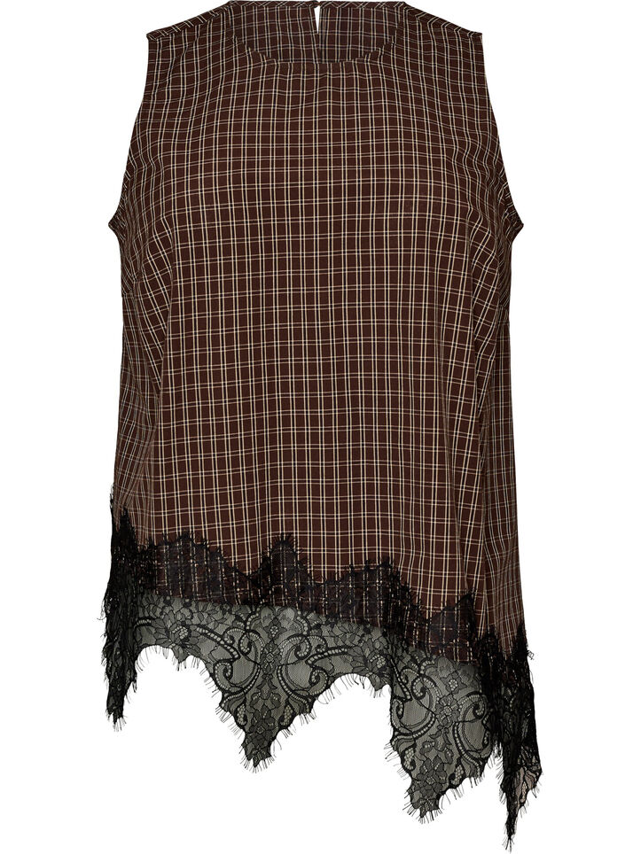 Geruite top met asymmetrische kanten afwerking, Bruin, Packshot