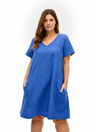 Robe à manches courtes en coton, Dazzling Blue, Model image number 0