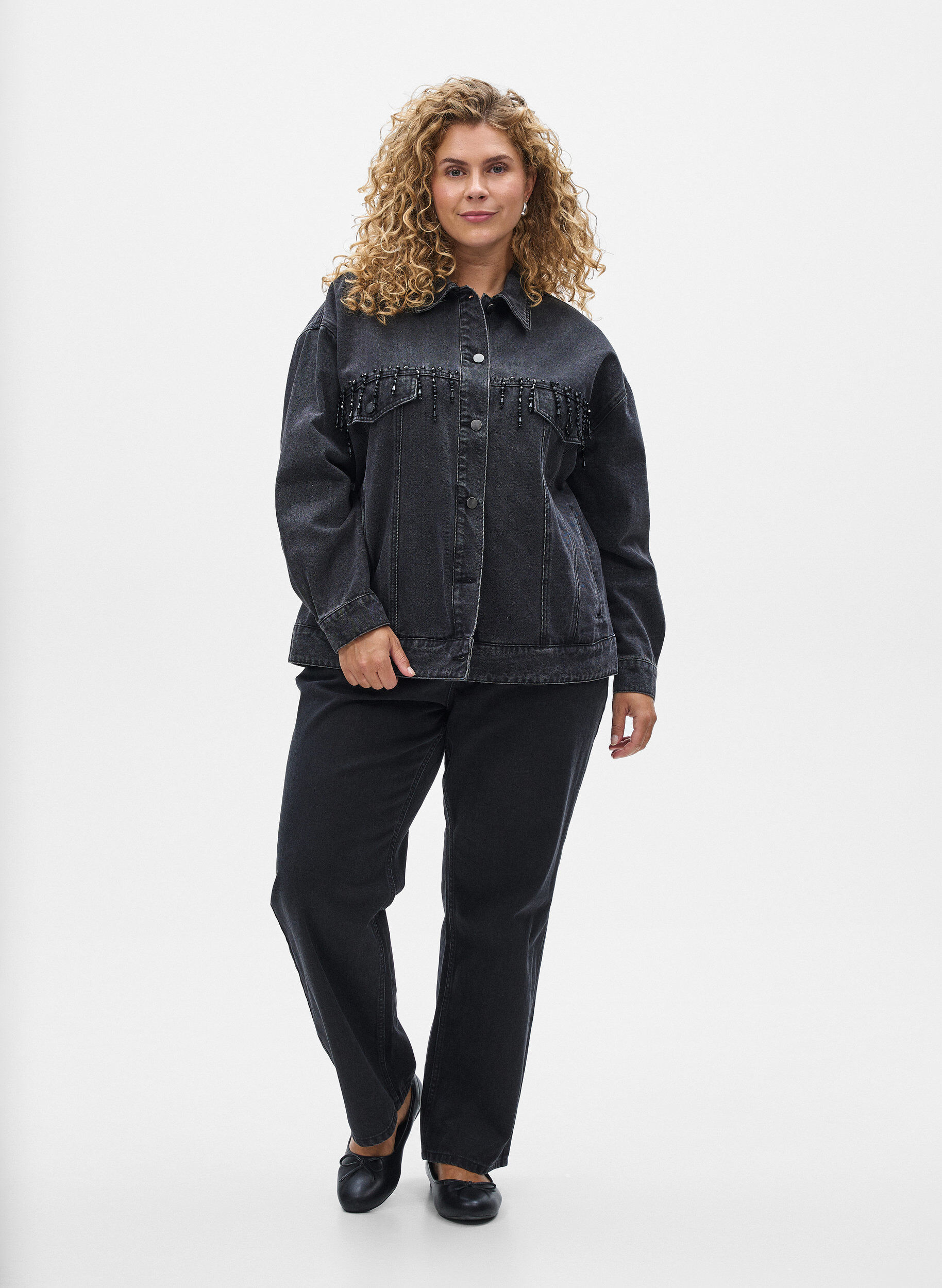 ZizziSpijkerjack met parelfranjes, Grijs, Model image number 1