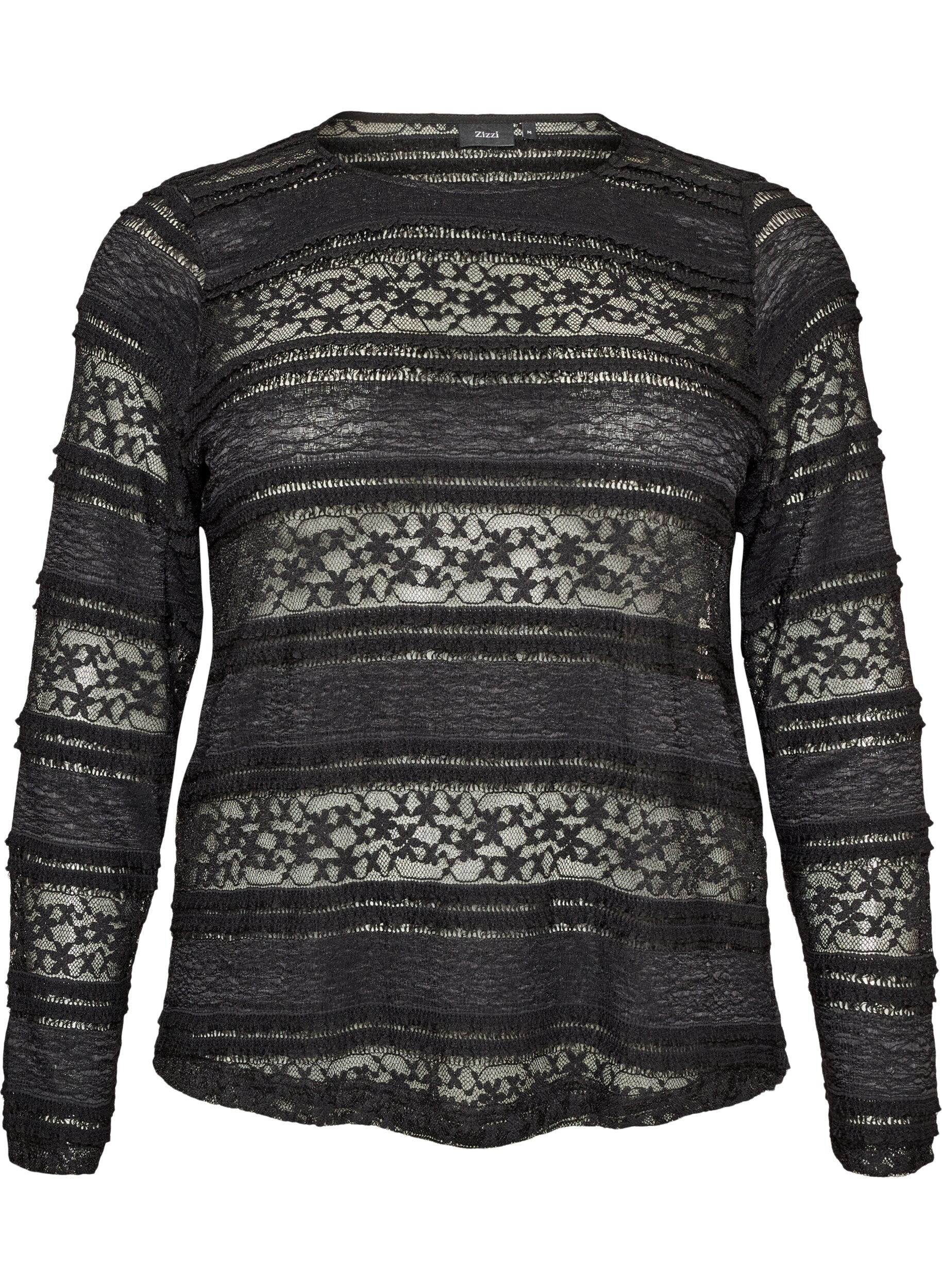 ZizziKanten blouse met lange mouwen, Zwart, Packshot image number 0