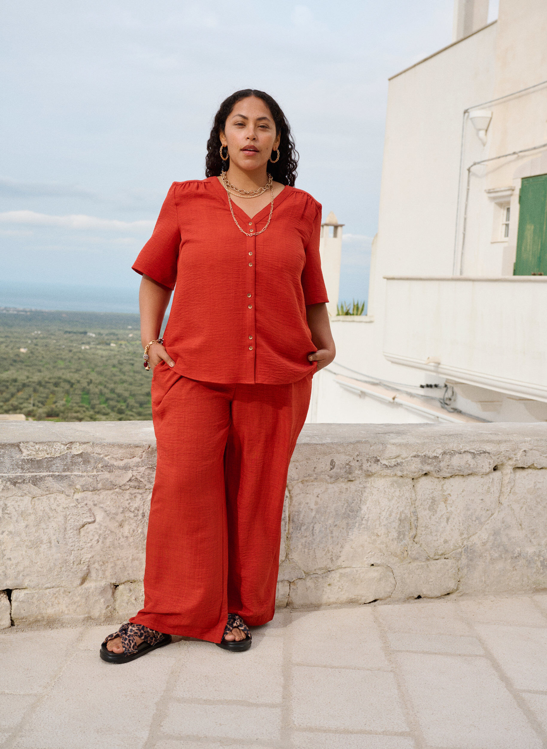 Zizzi Pantalon ample avec ceinture &eacute;lastique et poches, Rouge, Image image number 0