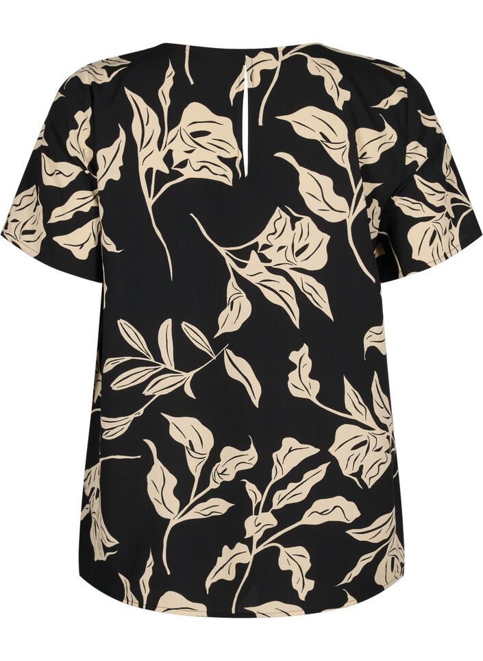 FLASH - Blouse met korte mouwen en print, Black Off White Fl., Packshot image number 1