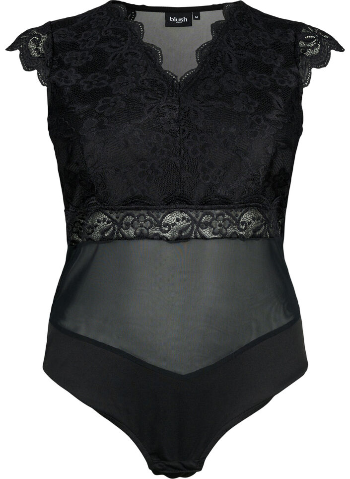 Bodystocking avec dentelle et décolleté en V, Black, Packshot image number 0