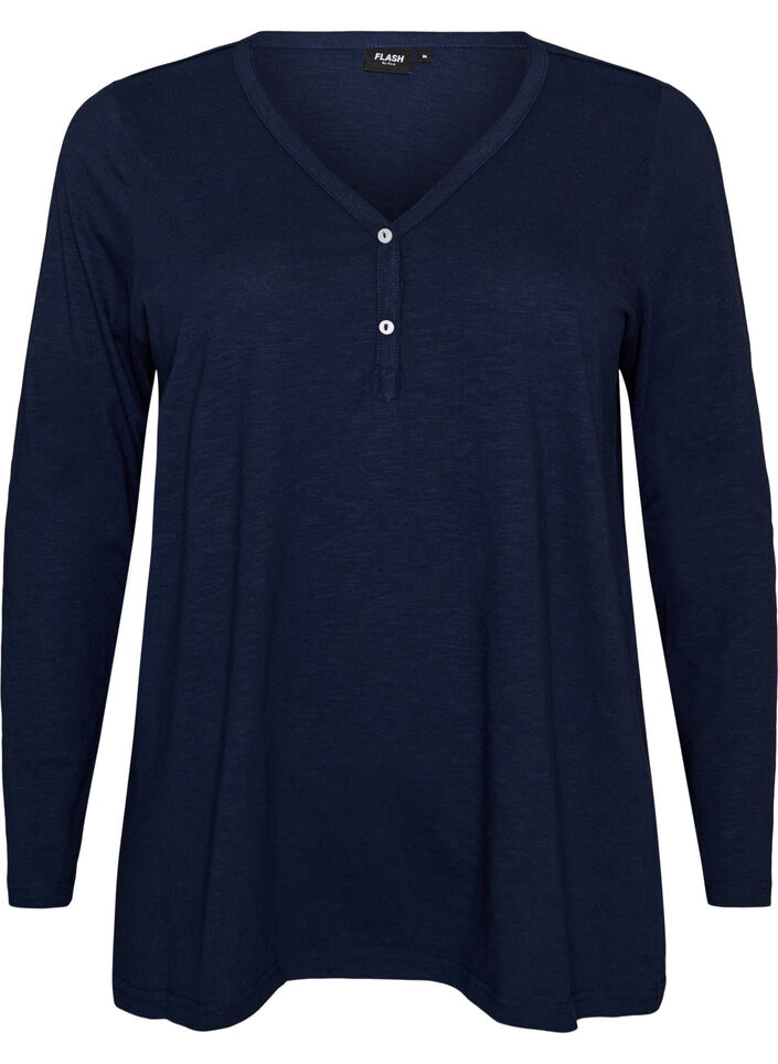 T-shirt met lange mouwen, V-hals en knopen, Blauw, Packshot image number 0
