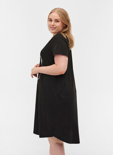 Katoenen pyjama jurk met korte mouwen en print, Black W. Silver foil, Model image number 1