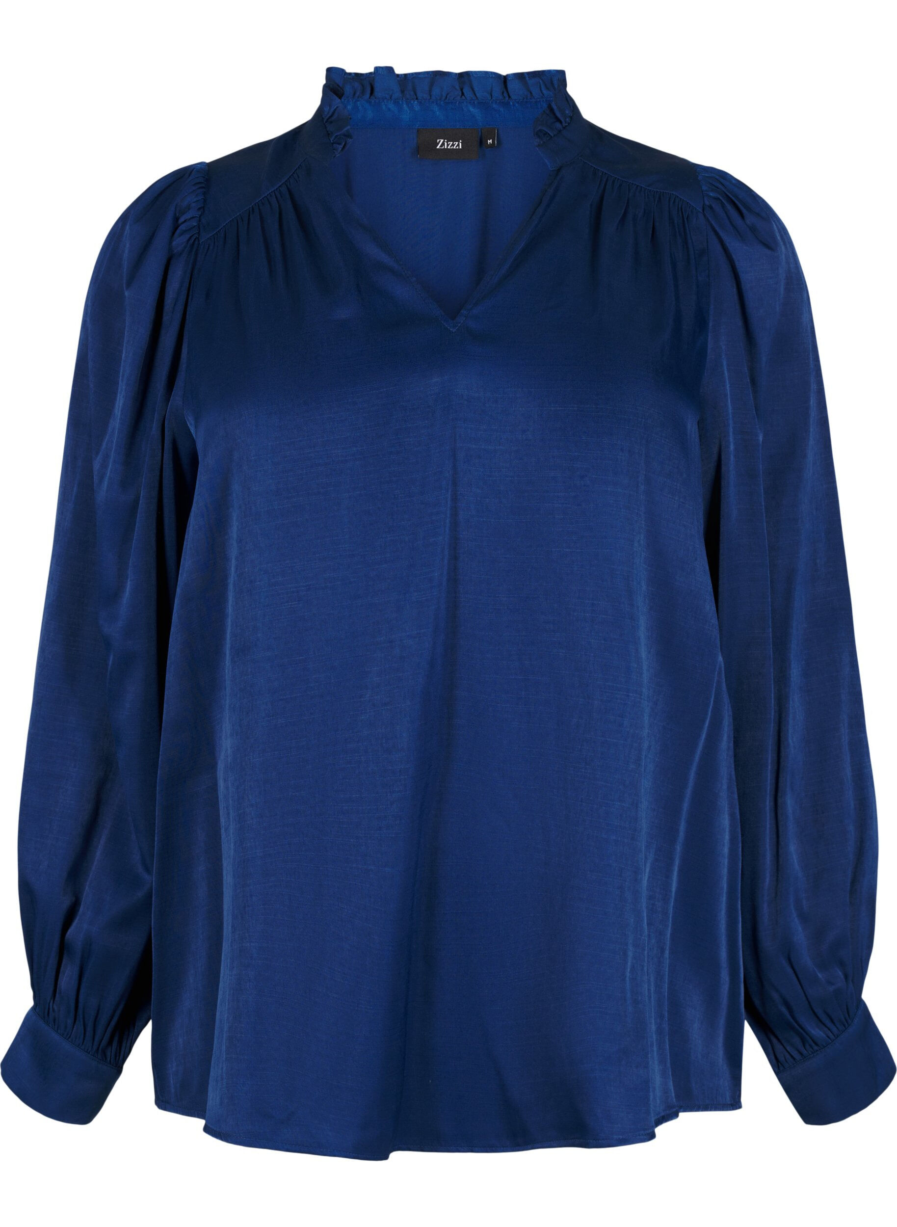 ZizziBlouse met lange mouwen, ruches en V-hals, Estate Blue, Packshot image number 0