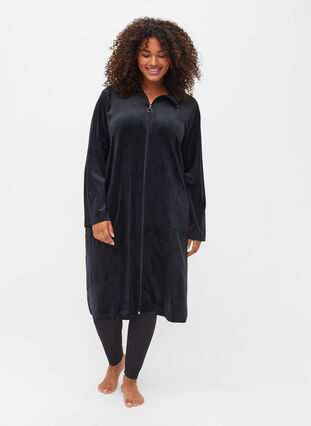 Robe de chambre en velours avec fermeture éclair, Black, Model image number 2